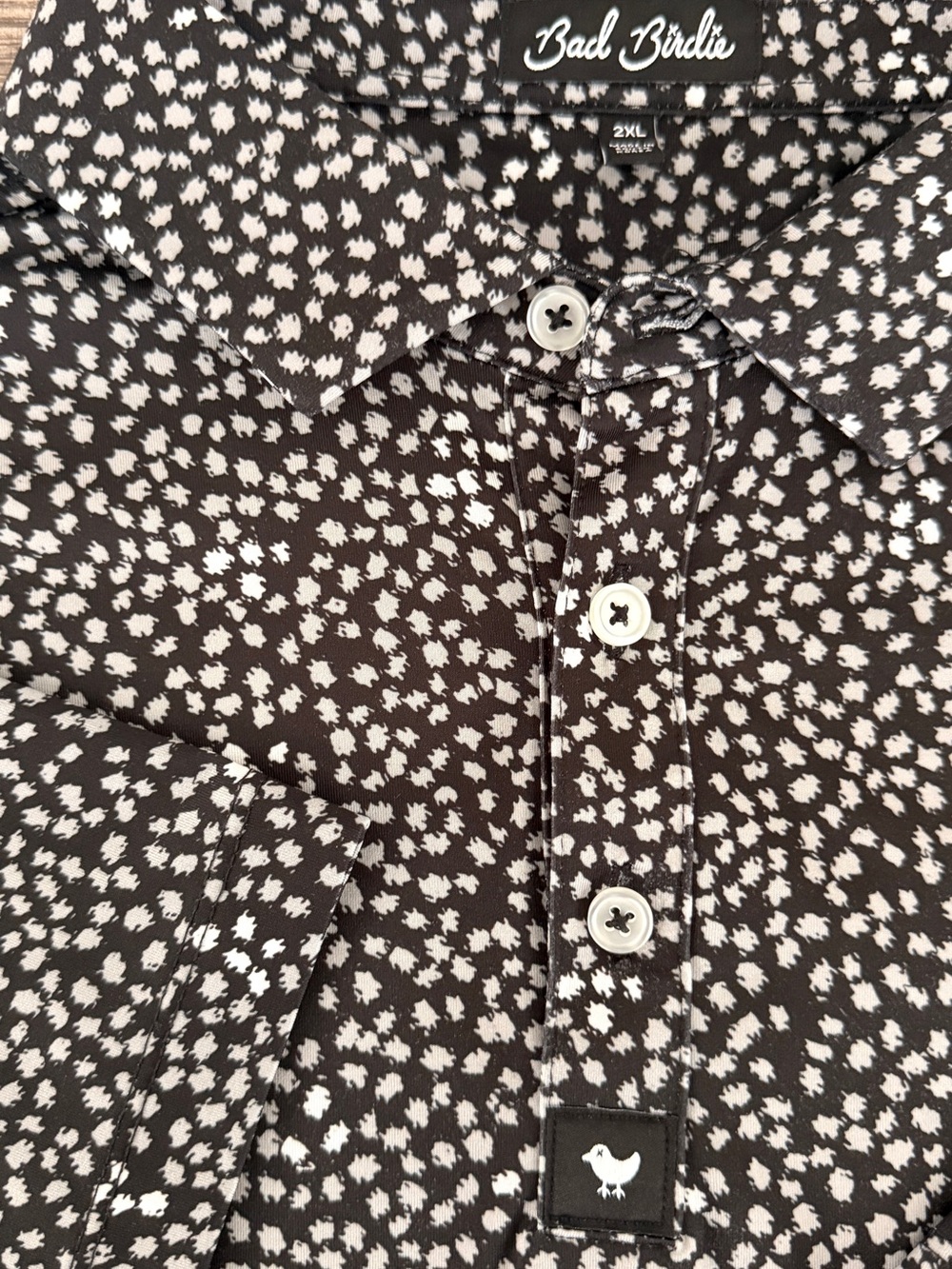 Bad Birdie Men’s “Drippity Drip” Black and White Abstract Dot Golf Polo - XXL